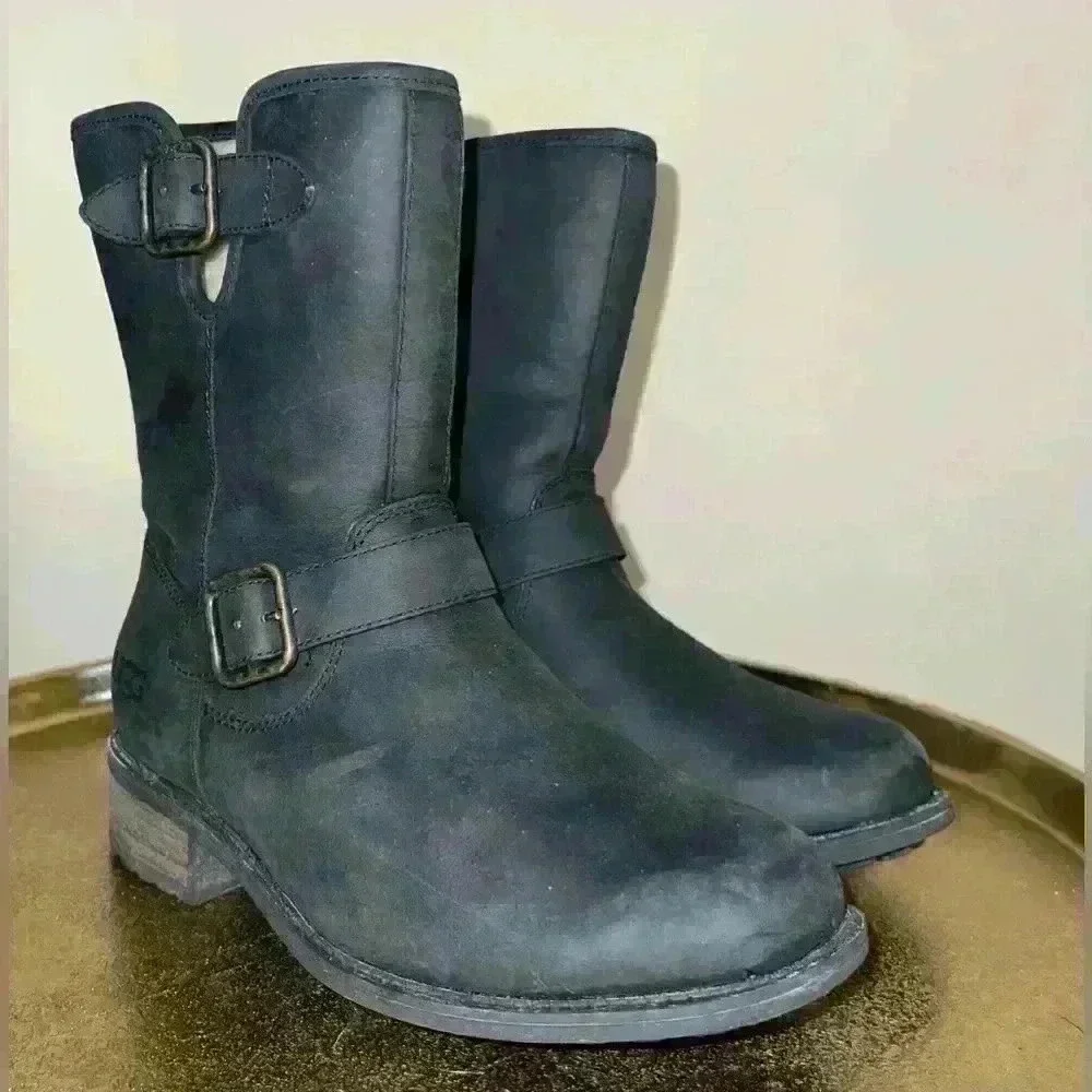 UGG Chaney Oiled Leather Boot in Black with Zipper and Buckle Details